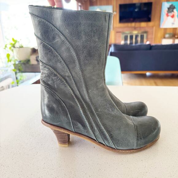 Antelope Women 39/8.5 Teal Blue Heeled Leather Boot Bootie Zip Up - Picture 4 of 10